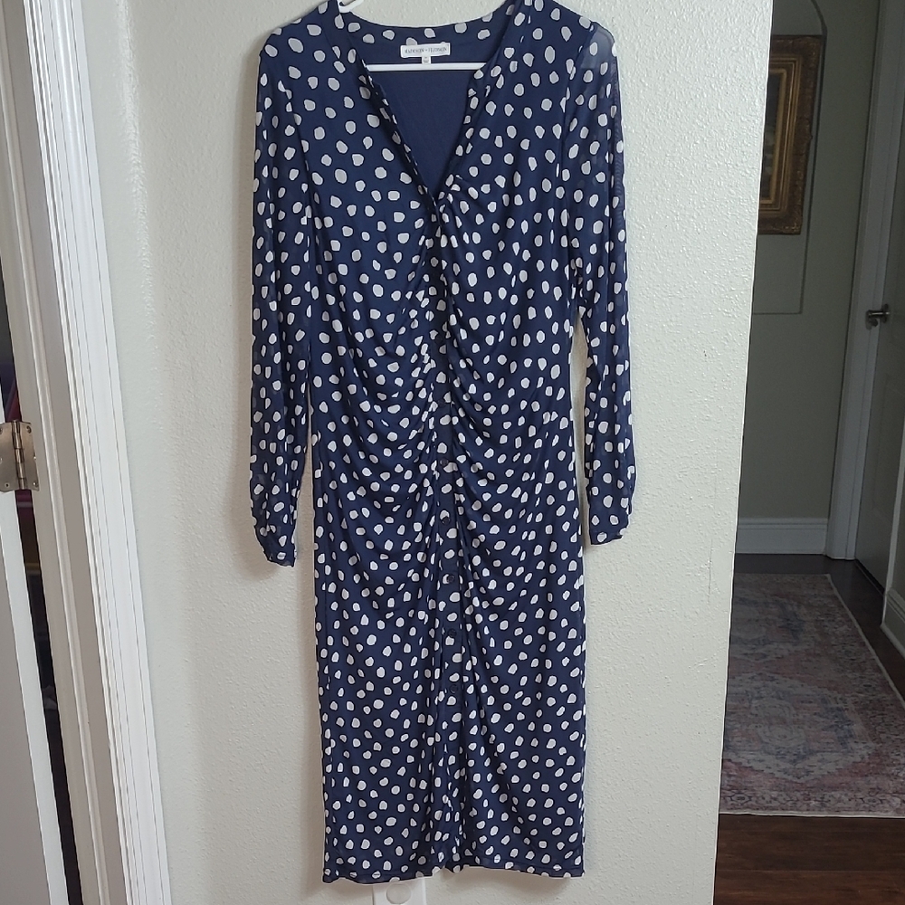 Madison & Hudson Navy Polka Dot Ruched Midi Dress Size M